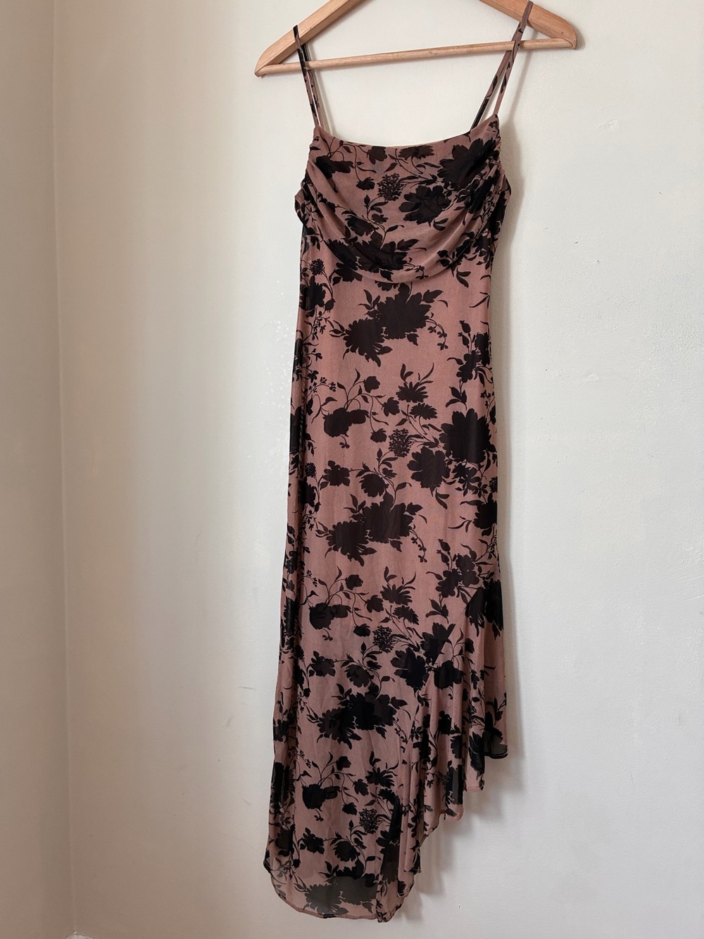 No Comment Floral Babydoll mesh Cowl Neck Asymmetrical Midi Dress Mauve Black S